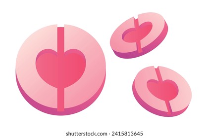 Heart pills, cardiac medicine. Isolated pink tablets with a heart-shaped pattern. Cure for heart pain, emotional disorders in cute cartoon style. Vector illustration.