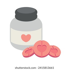 Heart pills, isolated heart pills with bottle, jar. Pink tablets with packaging, medicine for heart pain, emotional disorders. Vector illustration in simple flat style.