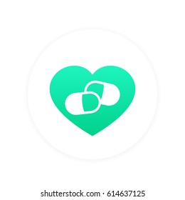 Heart pills logo element, pharmacy vector sign