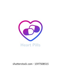 Heart pills logo, pharmacy and medicine vector