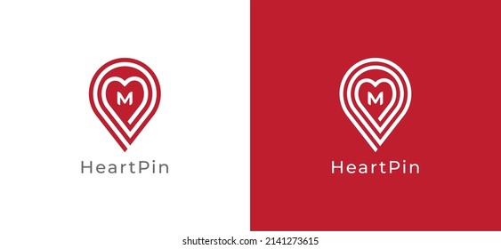 Heart Pin Location Logo Concept sign icon symbol Design with Letter M. Vector illustration logo template