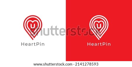 Heart Pin Location Logo Concept sign icon symbol Design with Letter U. Vector illustration logo template
