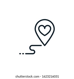 Heart pin, location outline icons. Vector illustration. Editable stroke. Isolated icon suitable for web, infographics, interface and apps.