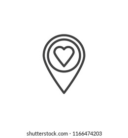 Heart pin outline icon. linear style sign for mobile concept and web design. Donation placeholder simple line vector icon. Dating location symbol, logo illustration. Vector graphics