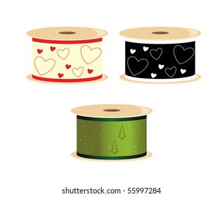 Heart and pine tree ribbon spools - vector