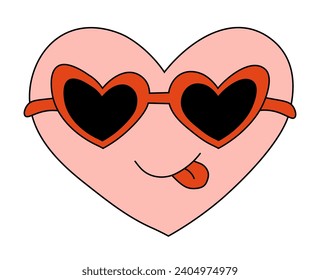 Heart Pink Character for Valentine Day in sunglasses. Smile and show tongue. Mascot in groovy and Y2k style. Vector cartoon illustration.