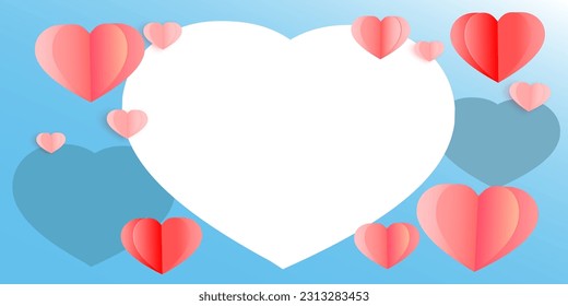 Heart Pink, Creative paper cut heart decorated background Blue