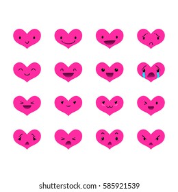 Heart pink emoticons with different emotions, vector set of various hand-drawn cute expressions, EPS 10