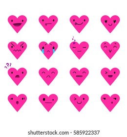 Heart pink emoticons with different emotions, vector set of various hand-drawn cute expressions, EPS 10