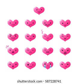 Heart pink emoticons with different emotions, vector set of various hand-drawn cute expressions, EPS 10