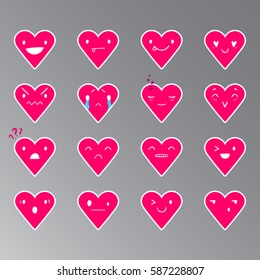 Heart pink emoticons with different emotions, vector set of various hand-drawn cute expressions, EPS 10