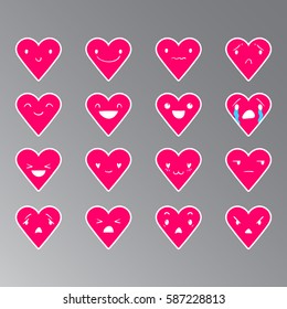 Heart pink emoticons with different emotions, vector set of various hand-drawn cute expressions, EPS 10