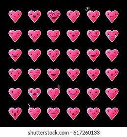 Heart pink emoticons with different emotions, vector set of various hand-drawn cute expressions, EPS 10