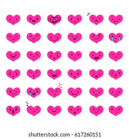 Heart pink emoticons with different emotions, vector set of various hand-drawn cute expressions, EPS 10
