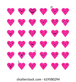 Heart pink emoticons with different emotions, vector set of various hand-drawn cute expressions, EPS 10