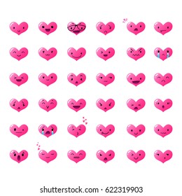 Heart pink emoticons with different emotions, vector set of various hand-drawn cute expressions, EPS 10