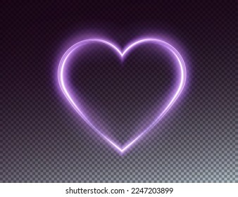 Heart pink with flashes isolated on transparent background. Light heart for holiday cards, banners, invitations. Heart-shaped gold wire glow. 	