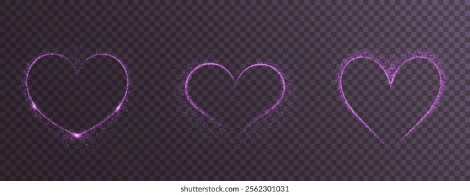 Heart pink with flashes isolated on transparent background. Light heart for holiday cards, banners, invitations. Heart-shaped neon wire glow.	