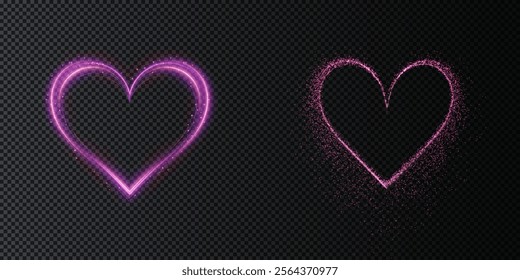 Heart pink with flashes isolated on transparent background. Light heart for holiday cards, banners, invitations. Heart-shaped neon wire glow.	
