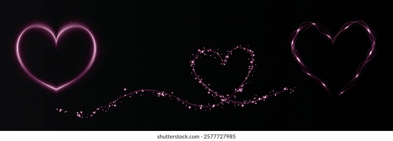 Heart pink with flashes isolated on transparent background. Light heart for holiday cards, banners, invitations. Heart-shaped neon wire glow.	