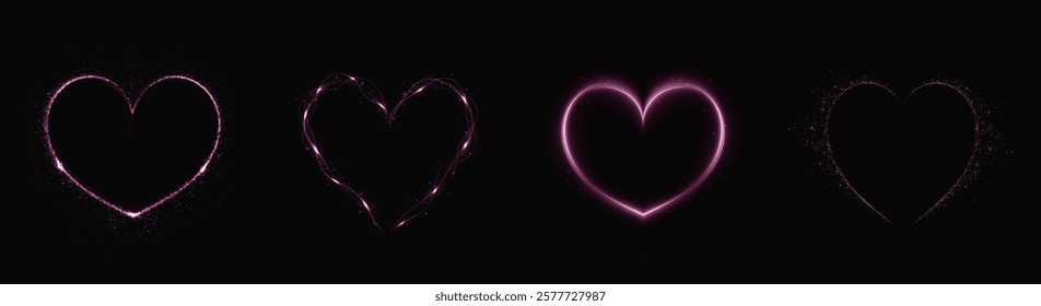 Heart pink with flashes isolated on transparent background. Light heart for holiday cards, banners, invitations. Heart-shaped neon wire glow.	