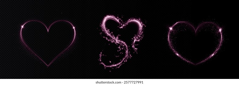 Heart pink with flashes isolated on transparent background. Light heart for holiday cards, banners, invitations. Heart-shaped neon wire glow.	