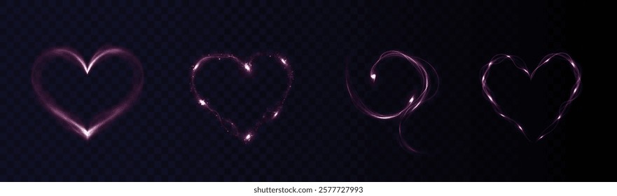 Heart pink with flashes isolated on transparent background. Light heart for holiday cards, banners, invitations. Heart-shaped neon wire glow.	