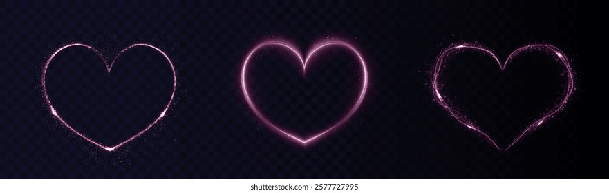 Heart pink with flashes isolated on transparent background. Light heart for holiday cards, banners, invitations. Heart-shaped neon wire glow.	