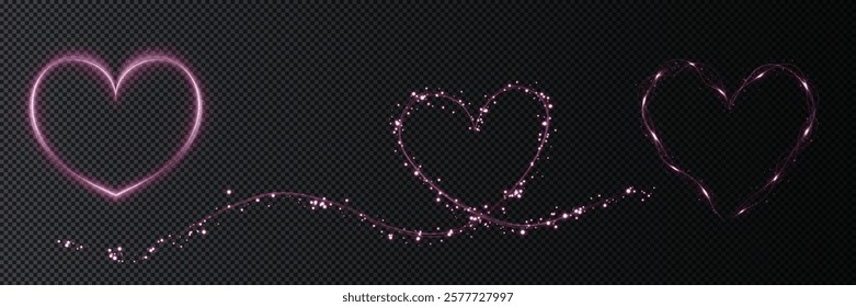 Heart pink with flashes isolated on transparent background. Light heart for holiday cards, banners, invitations. Heart-shaped neon wire glow.	