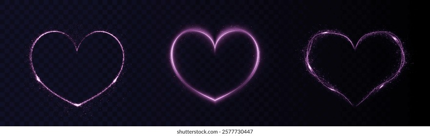 Heart pink with flashes isolated on transparent background. Light heart for holiday cards, banners, invitations. Heart-shaped neon wire glow.	