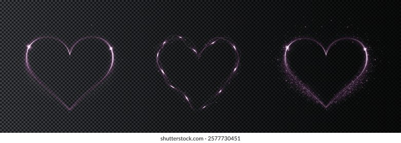 Heart pink with flashes isolated on transparent background. Light heart for holiday cards, banners, invitations. Heart-shaped neon wire glow.	