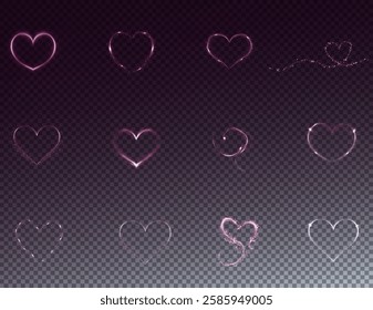 Heart pink with flashes isolated on transparent background. Light heart for holiday cards, banners, invitations. Heart-shaped neon wire glow.