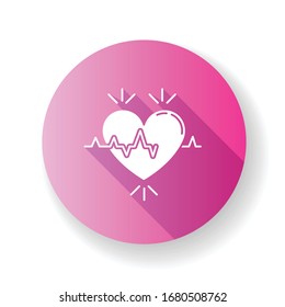 Heart pink flat design long shadow glyph icon. Pulse rate. Heartbeat rhythm. Cardiogram frequency analysis. Vital signs. Cardio health care. Clinic analysis. Silhouette RGB color illustration