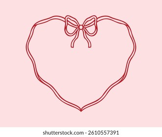 heart pink frame with bow and ribbon. Hand drawn love vintage retro frame border. Trendy elegant wedding banner. Vector illustration