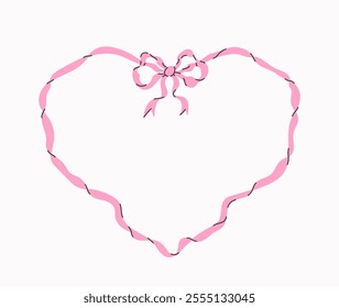 Heart pink frame with bow and ribbons. Coquette hand drawn border in place for your text. Trendy cute frame for wedding invitation, Valentines day greeting card, holiday poster, cover, sale banner.