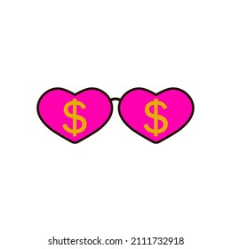 Heart Pink Glasses With Gold Dollar Symbol. Vector Sign Icon Illustration.