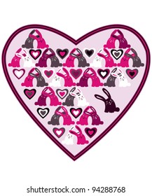 Heart with pink, grey, white and black rabbits, st. Valentine background.