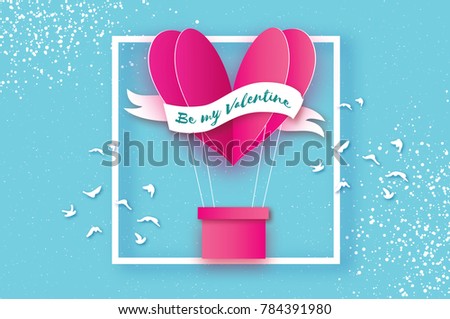Heart Pink hot air balloon flying. Love in paper cut style. Origami heart. Happy Valentine day. Ribbon tape for text. Birds. Romantic Holidays. 14 February. Square frame. Blue sky background.