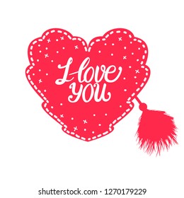 Heart pink with lace. Valentines day design. I love you lettering inscription isolated on white background