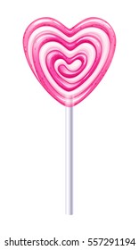 Heart pink lollipop vector illustration. Sweet spiral candy on stick. Love symbol. Good for Valentines day design.