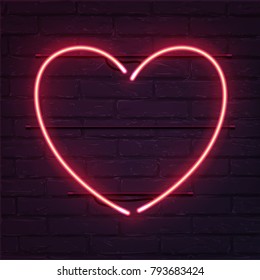 Heart pink neon sign. Vector realistic neon heart on brick wall.