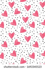 Heart pink and polka dots Pattern, Heart white seamless Background, Heart Love Cards Vector Illustration, Heart wallpaper love romance and wedding symbols.