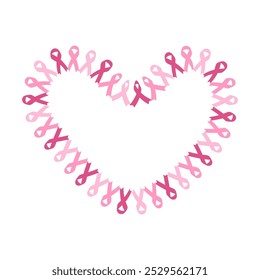 Heart from pink ribbons. Breast cancer awareness month. Vector decoration, decorative element, symbol, emblem, frame, isolated, alone on white. Background, card, wallpaper, poster.