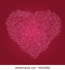 heart of pink roses on a red background, vector
