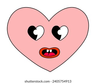 Heart Pink Smile Character for Valentine Day. Eyes in form heart. Mascot in groovy and Y2k style. Vector cartoon illustration.
