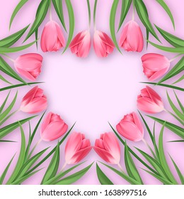 Heart from pink tulips on rose background. Postcard for Valentines Day, March 8, International Womens Day,  Mothers day, Wedding or birthday. Banner for Sale. Vector illustration