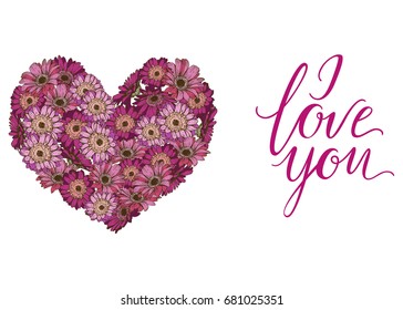 Heart of pink and violet daisies flowers and lettering I LOVE YOU. Vector