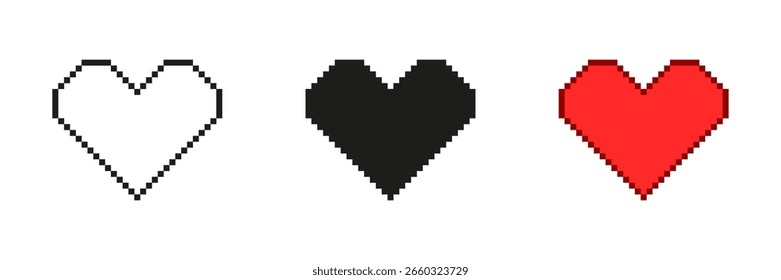 Heart In Pixel Art Icon Set. Retro Pixelated Icon Of Heart Outline, Symbol Of Romance Or Care. Isolated Vector Illustration.
