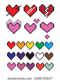 Heart Pixel Emoji set. Sparkling, growing, two Hearts, beating, spinning, broken, repaired, attractive, red, orange, yellow, green, blue, purple, brow