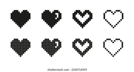 Heart pixel icon. Love game vector set. Valentine day 8 bit symbol. Heart gamer health sign.  Happy valentine digital pixel icon.